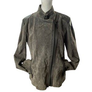 QUEEN COLLECTION Women Moto Leather Suede Zip Front Jacket Sz M Gray Edgy Biker